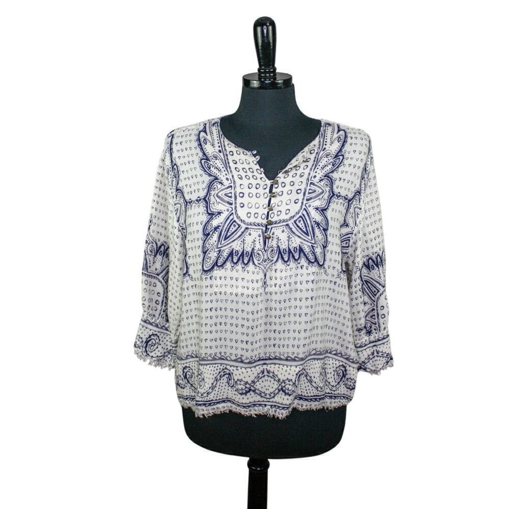 Maeve Peasant Top White Blue Raw Edge Boho Hippie Cottage Hearts S